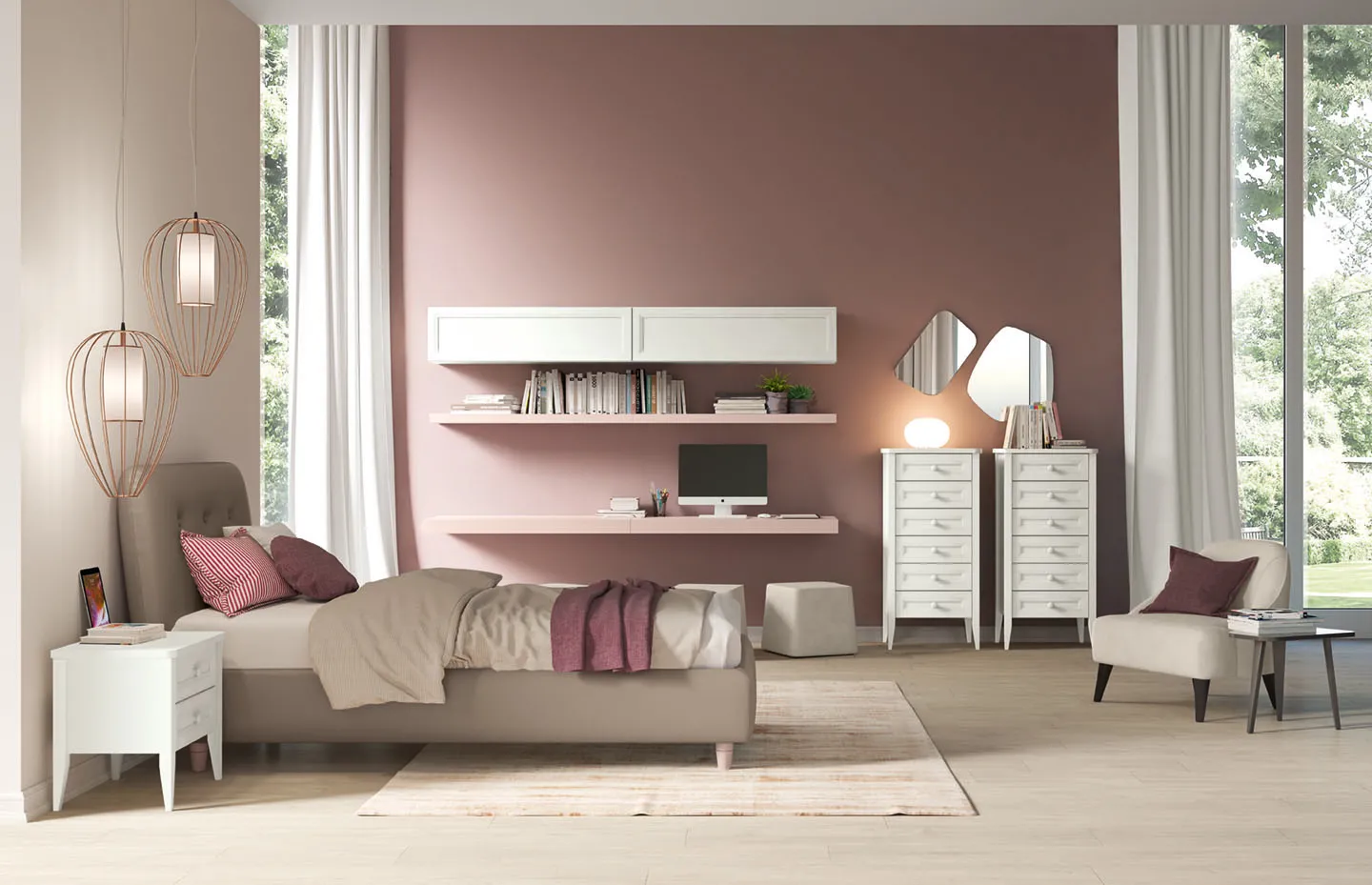 Cameretta Arcadia Nove e mezza AC008 Colombini con settimini bianchi e mensole rosa
