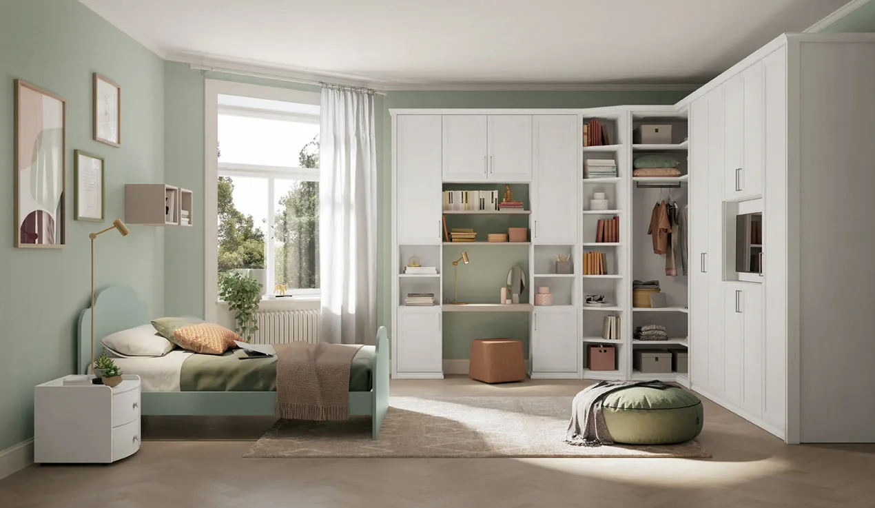 Cameretta Arcadia AC009 Colombini con armadio ad angolo, scrivania e librerie