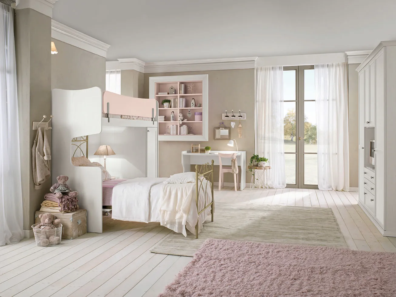 Cameretta Arcadia AC019 Colombini con letto alto rosa su struttura bianca sagomata