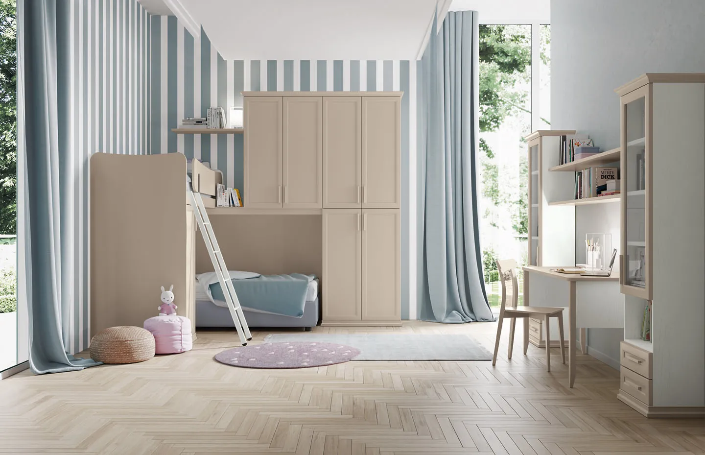 Cameretta Arcadia AC021 Colombini con ponte in legno chiaro sopra un letto basso