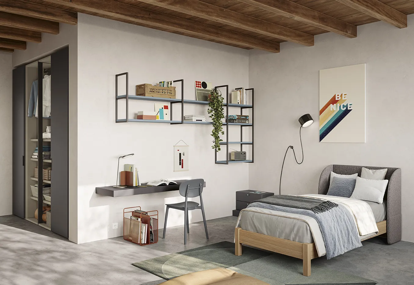 Letto Cuffia Colombini con testata grigia e struttura in legno in camera con travi