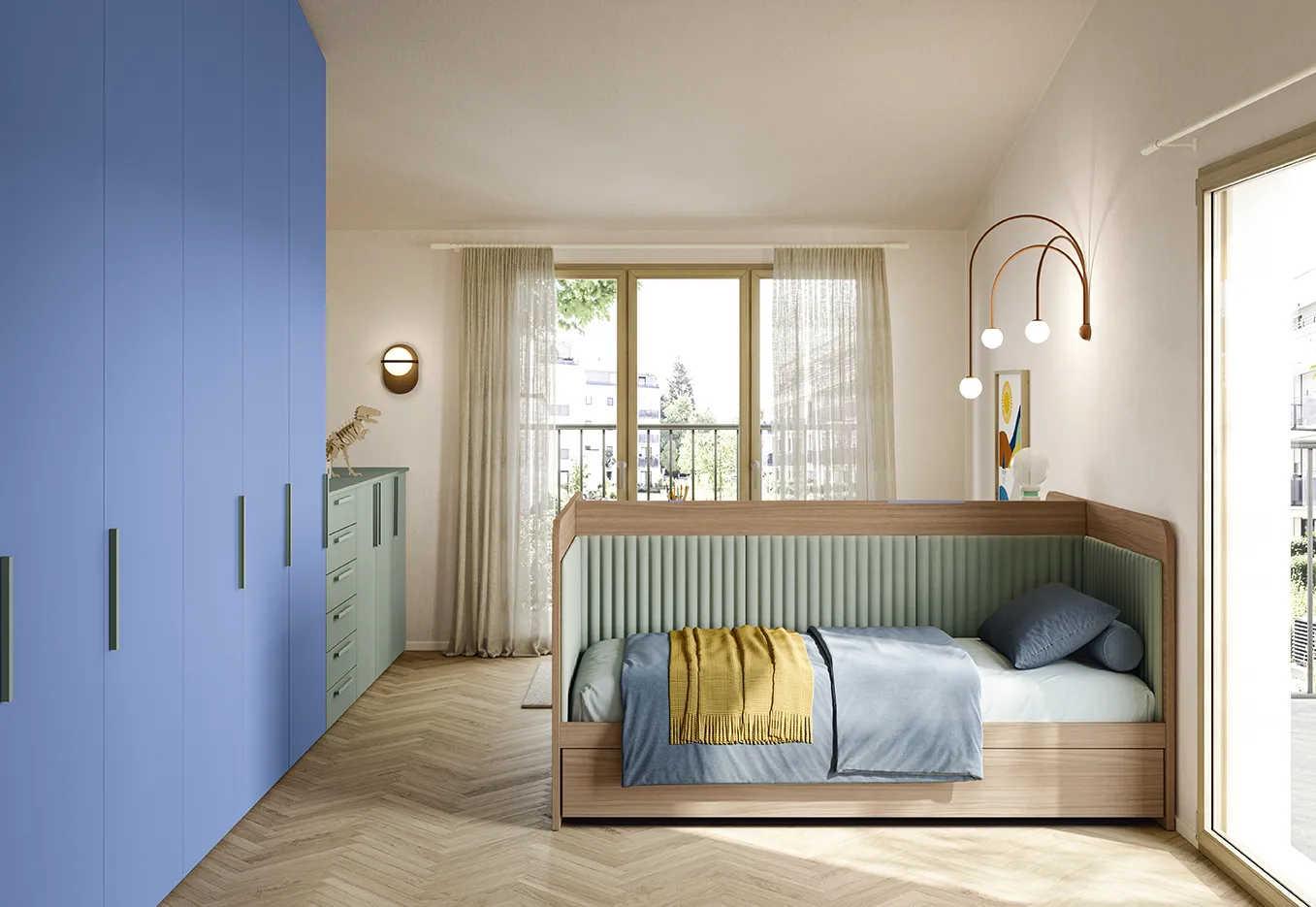 Letto Baia Colombini con imbottitura verde salvia e struttura in legno