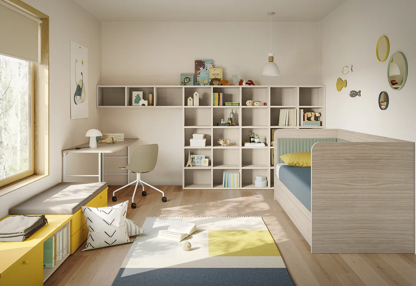 Letto singolo Baia Colombini in legno chiaro accanto a una libreria a giorno