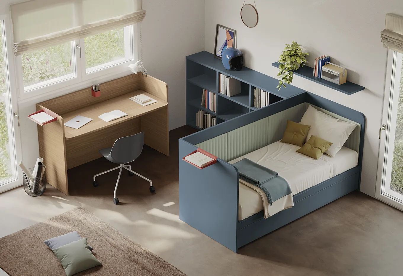 Letto Baia Colombini blu petrolio con libreria bassa sul fianco