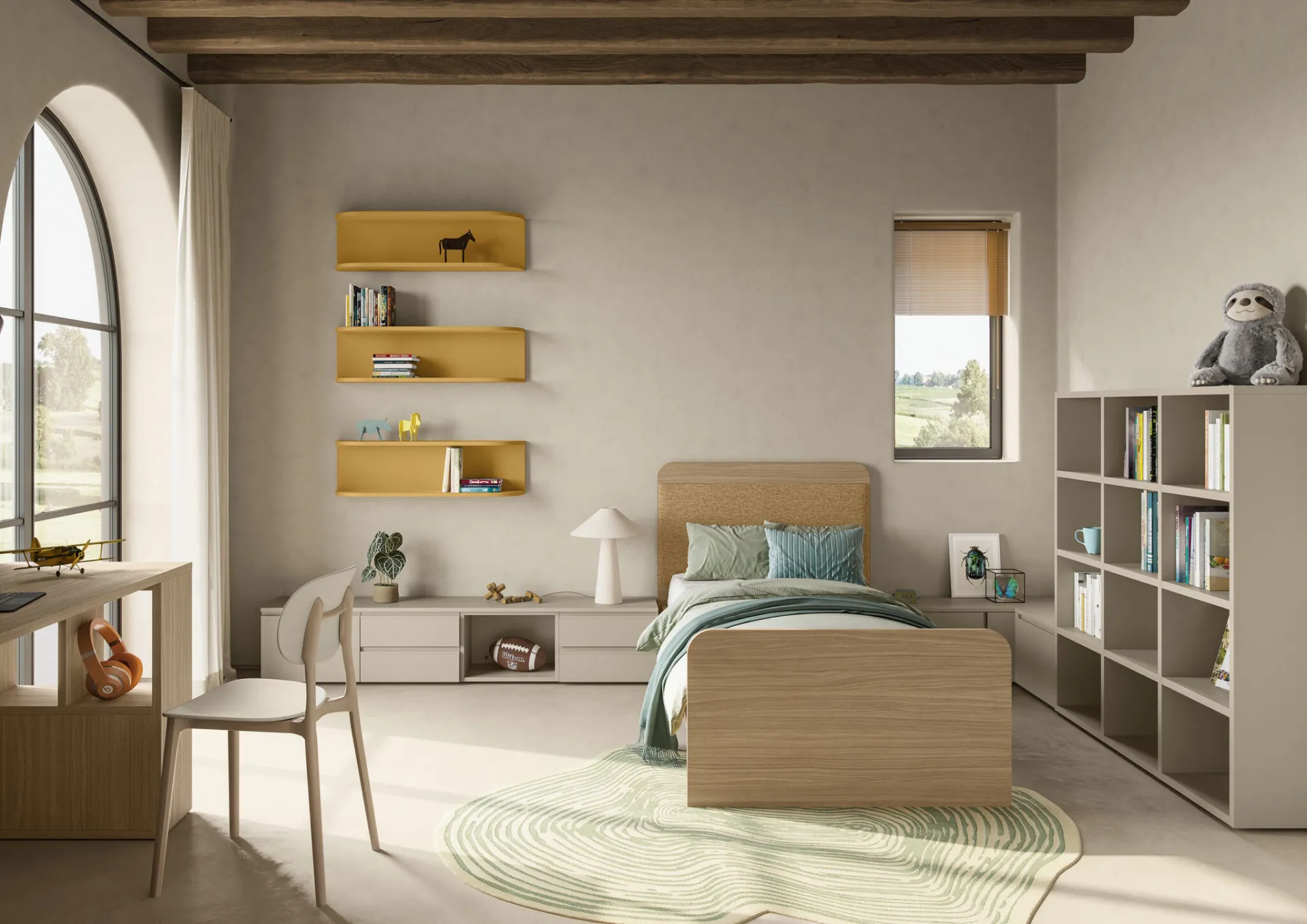 Letto singolo Moonie Pad Colombini in legno con pediera in cameretta con finestra ad arco
