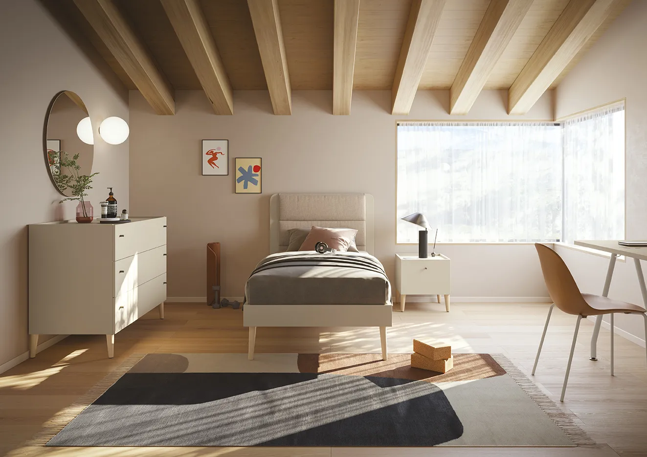 Letto singolo Ordina Colombini color sabbia in cameretta con travi in legno