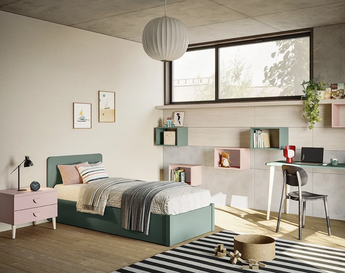 Letto multifunzione Poldo Colombini verde petrolio con contenitore e comodino rosa