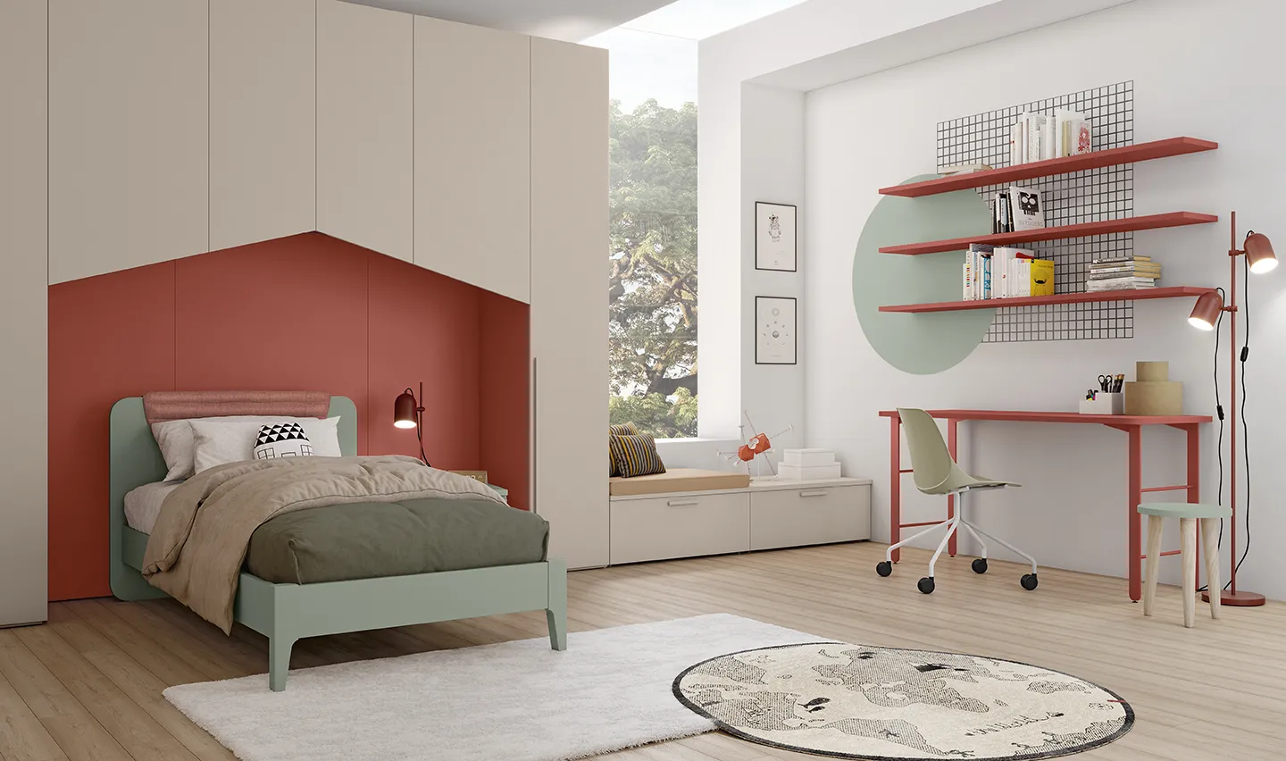Letto Poldo Colombini verde salvia in una nicchia a casetta rosso mattone