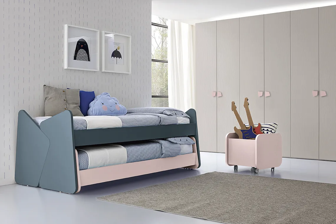 Letto singolo Twist Colombini blu petrolio con letto estraibile rosa