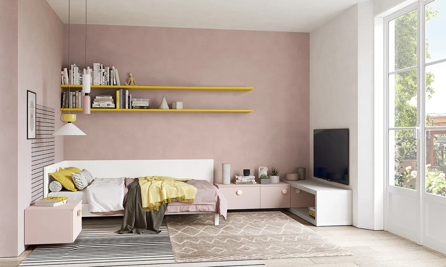 Letto singolo Elfo Colombini bianco con testata lunga sotto mensole gialle e parete rosa