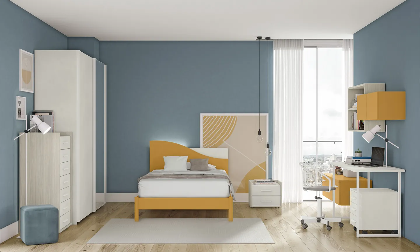 Letto Sunrise Colombini senape davanti a una parete blu in cameretta Volo