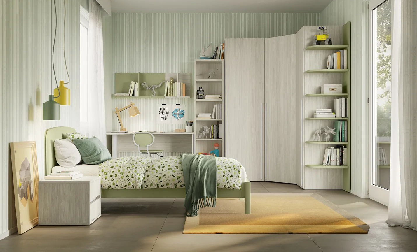 Cameretta Volo C022 Colombini con letto Server verde chiaro e armadio ad angolo