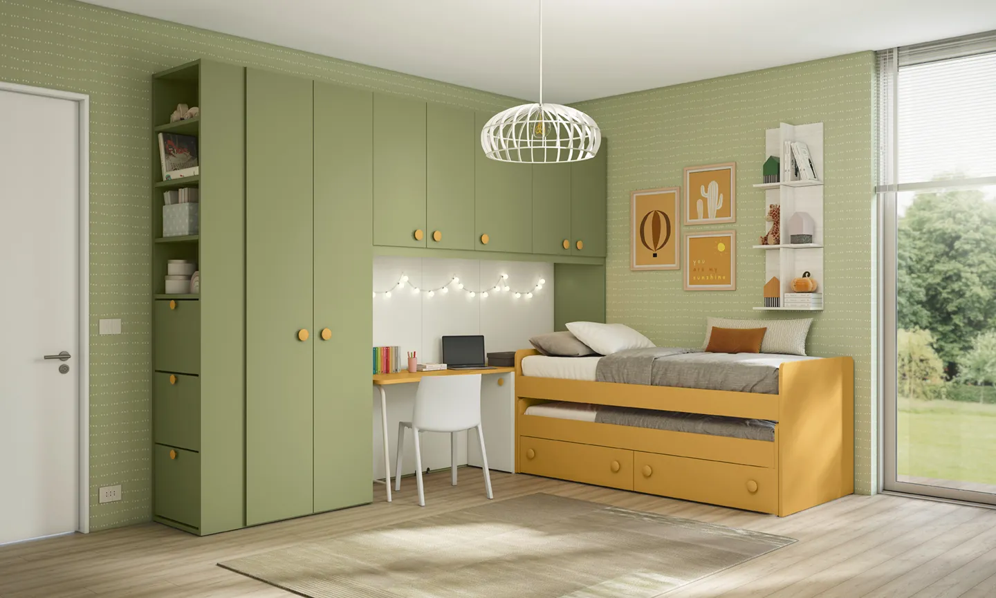 Letto multifunzione Spike Colombini senape con cassetti accanto a un armadio verde