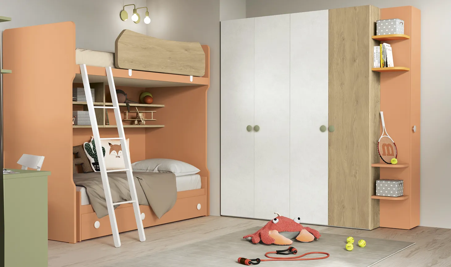 Letto contenitore Banner Colombini sotto un castello pesca e legno, cameretta Volo C035
