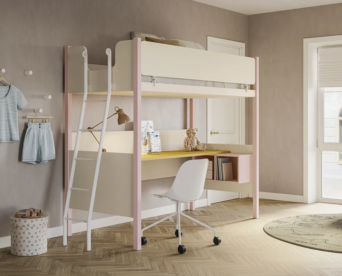 Letto a soppalco Happy Colombini con fianchi rosa e scrivania gialla sotto