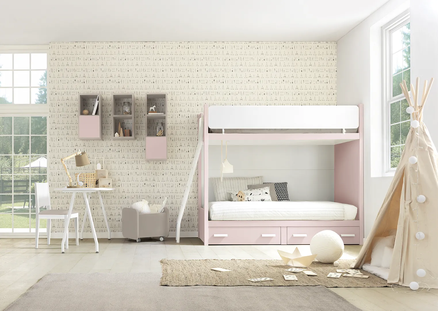 Letto a castello Happy Colombini rosa con cassetti nella cameretta K36