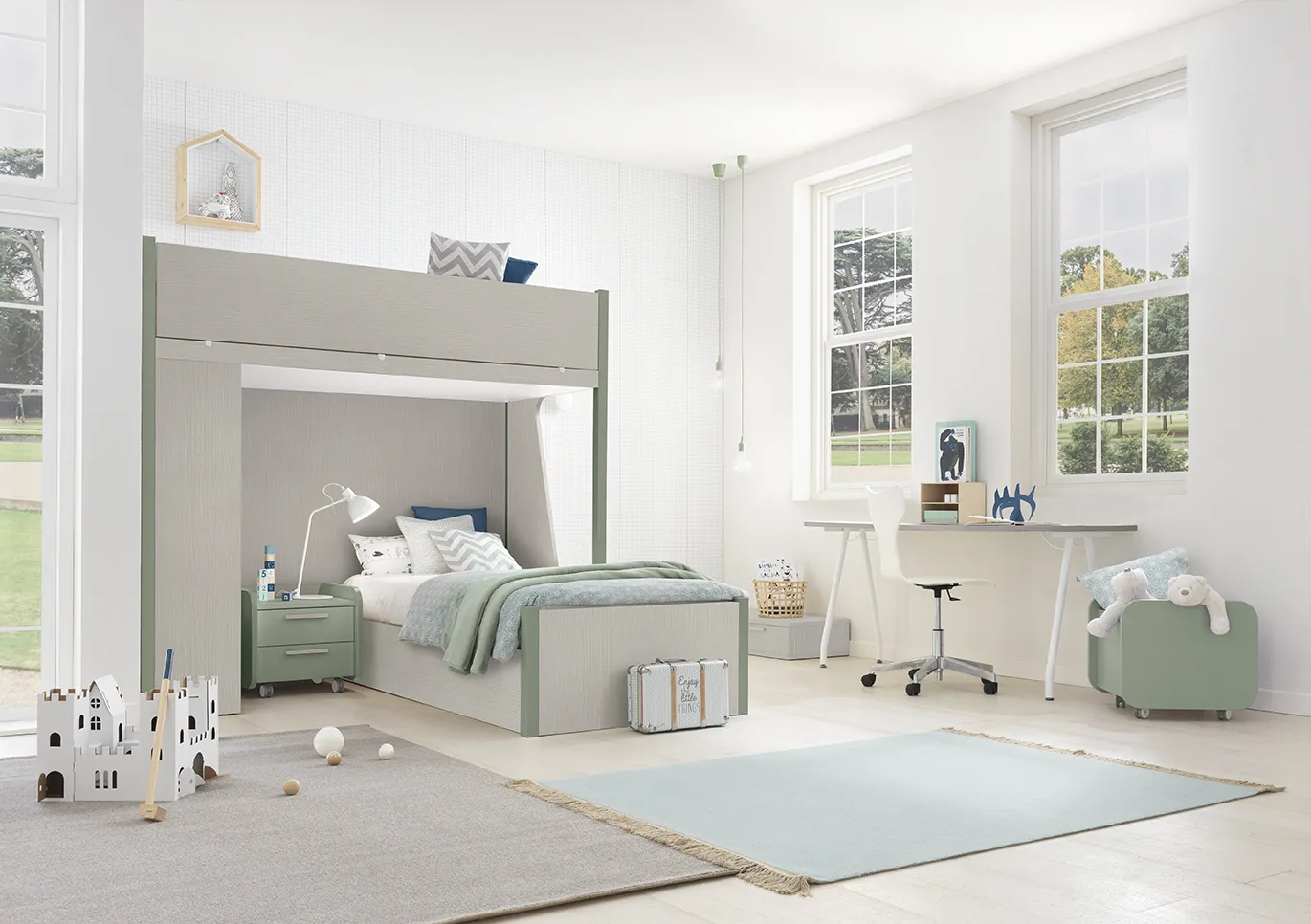 Letto Happy Colombini grigio e salvia a ponte sopra un letto singolo, Golf K37