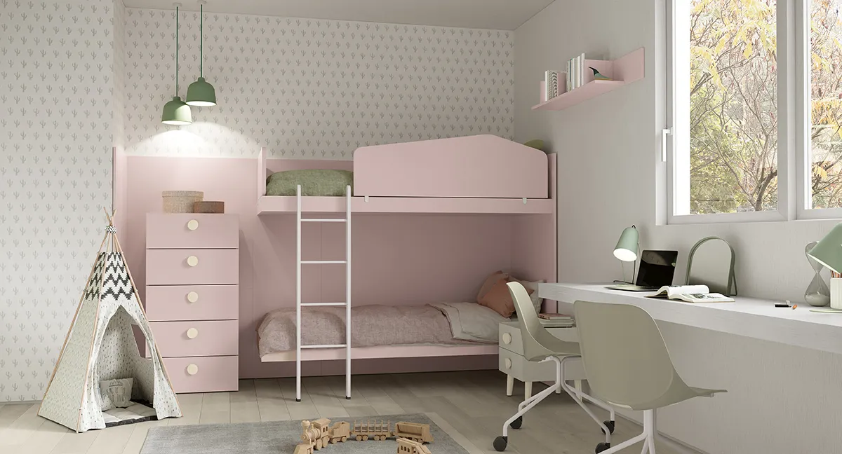 Letto a castello Oslo Colombini rosa con cassettiera e scrivania, Golf K132