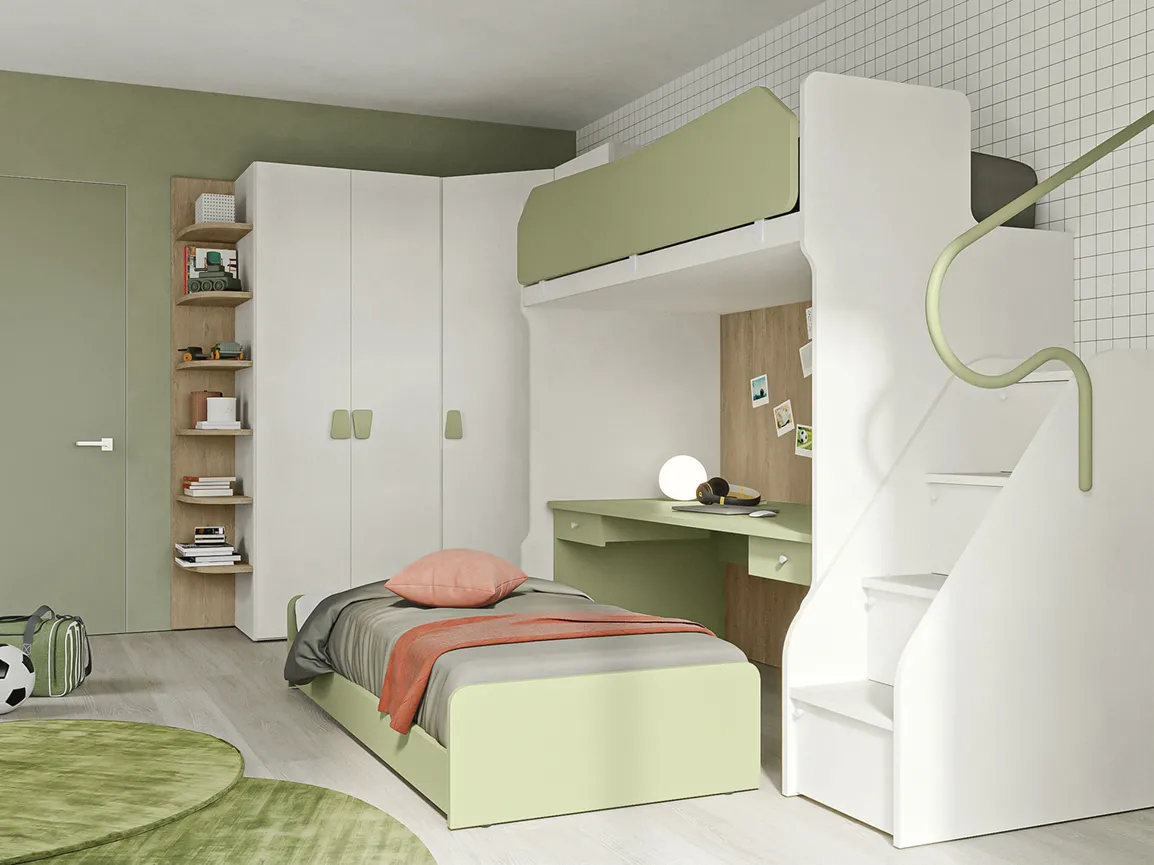Letto a castello Revolution Colombini verde salvia con scala a gradini e scrivania