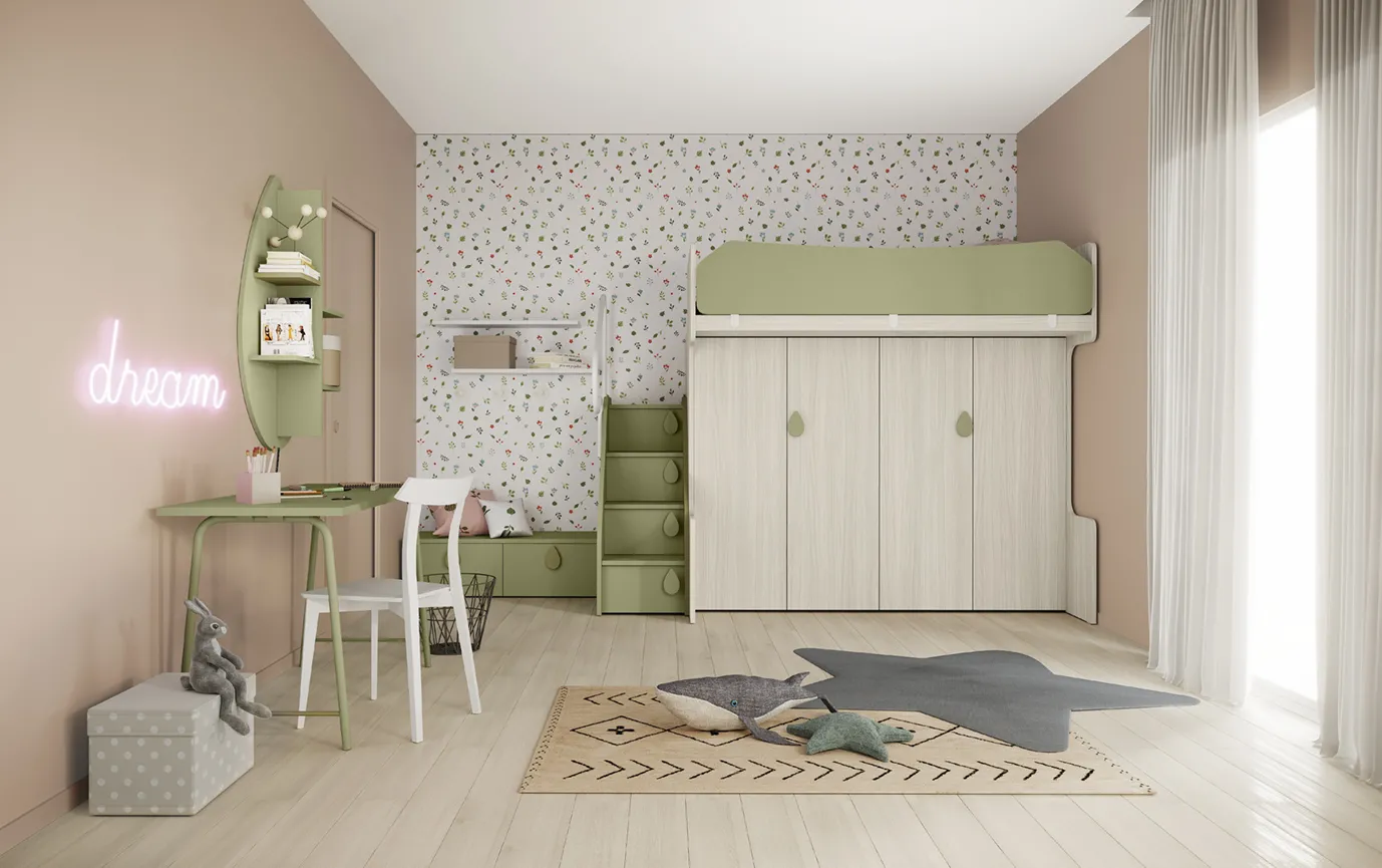 Cameretta Volo C032 Colombini con letto alto Revolution sopra armadio a quattro ante