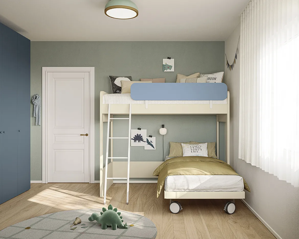 Letto a castello Slot Colombini crema con sponda azzurra e letto su ruote, Golf K133