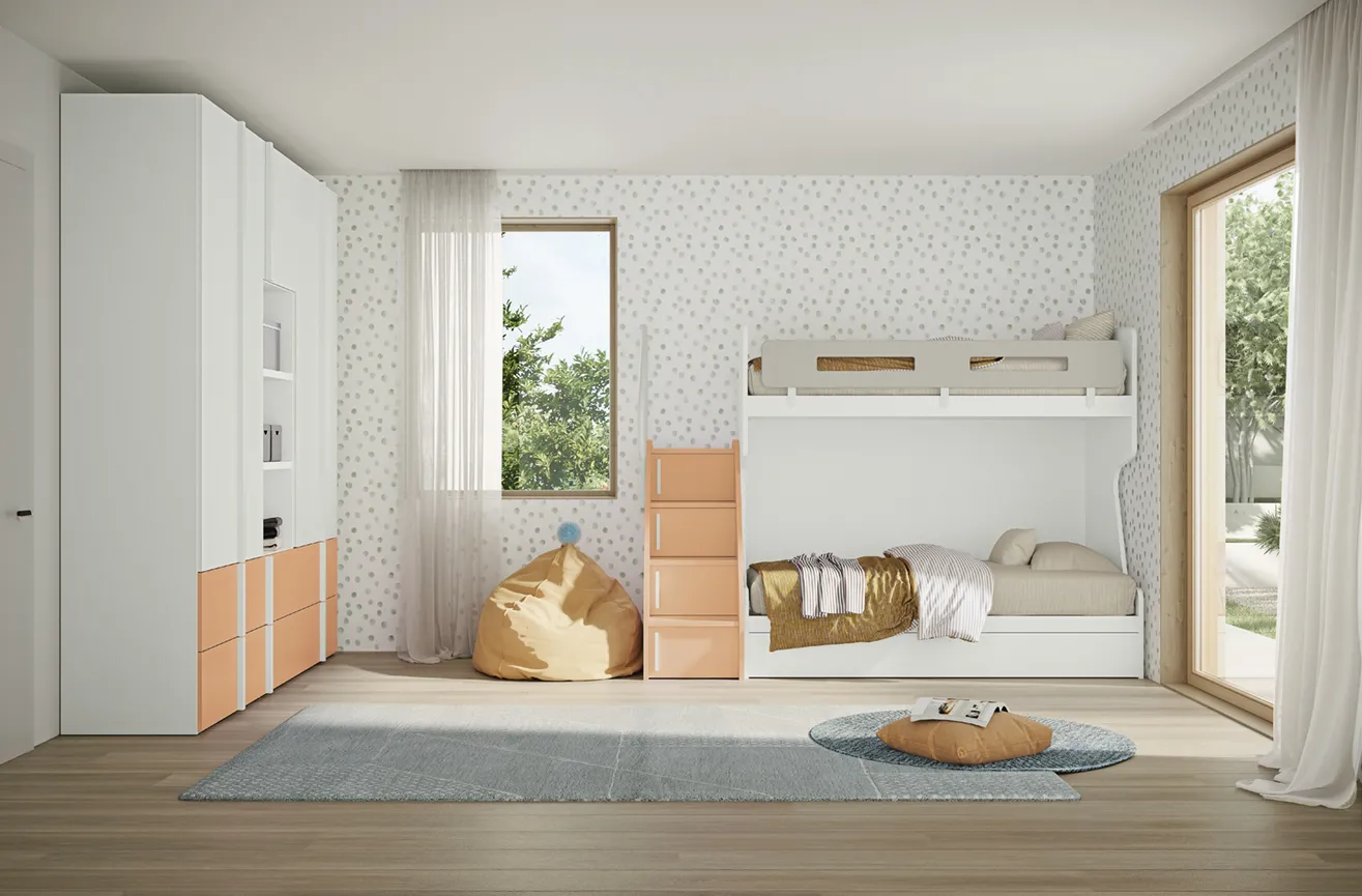 Letto a castello Titano Colombini bianco con scala a gradini pesca, cameretta Volo C036