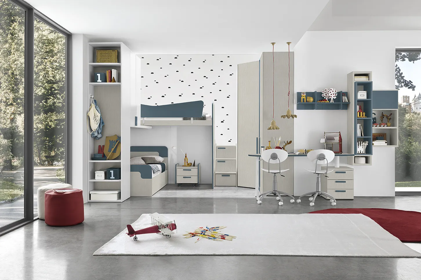 Letto a soppalco Iron Colombini bianco con sponda blu e letto sotto, Golf Kids K51