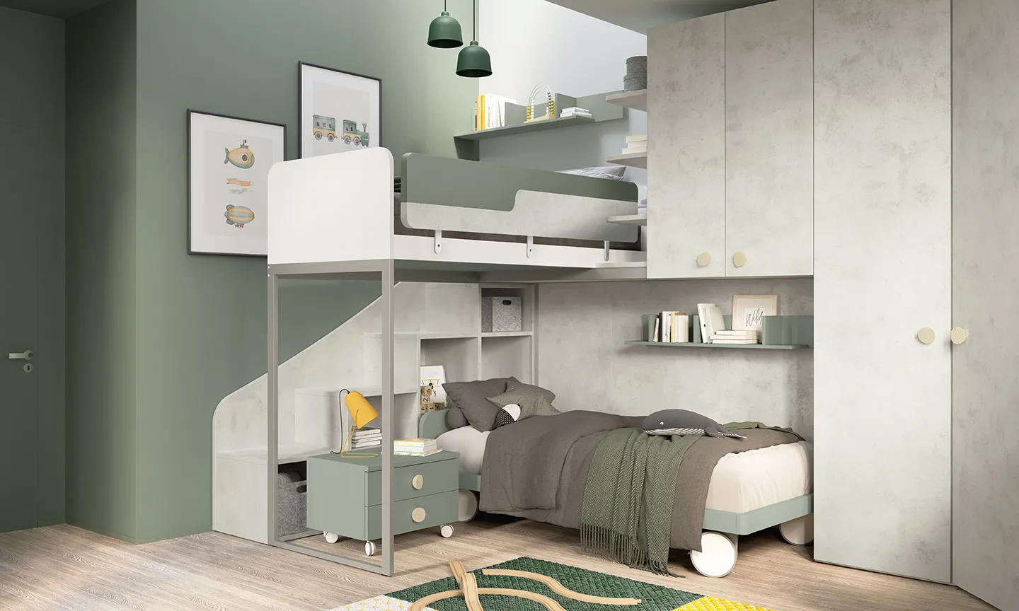 Cameretta Golf K49 Colombini con letto Somier grigio sotto un letto alto bianco