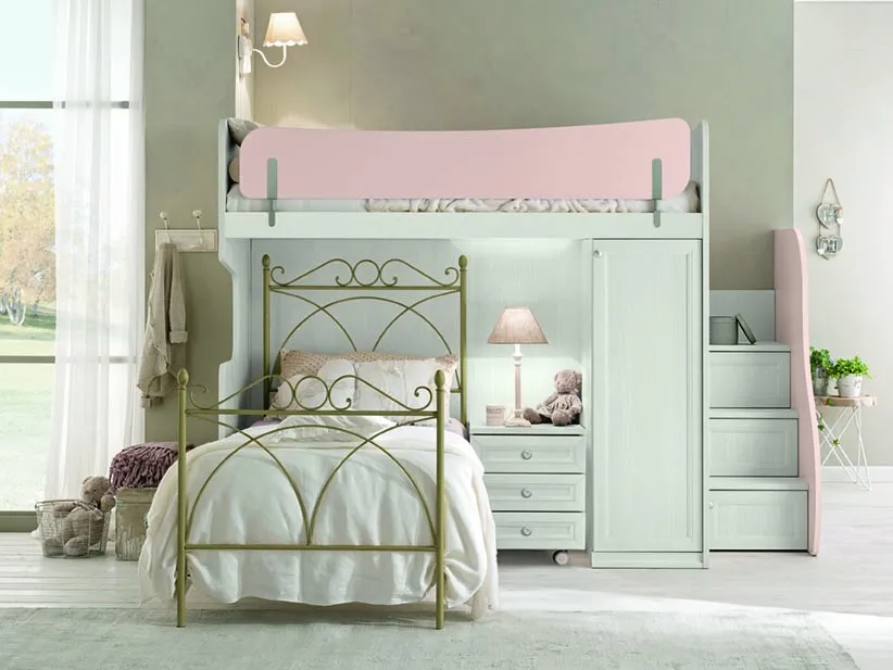 Letto a castello classico Alby Colombini con sponda rosa e letto in ferro dorato sotto