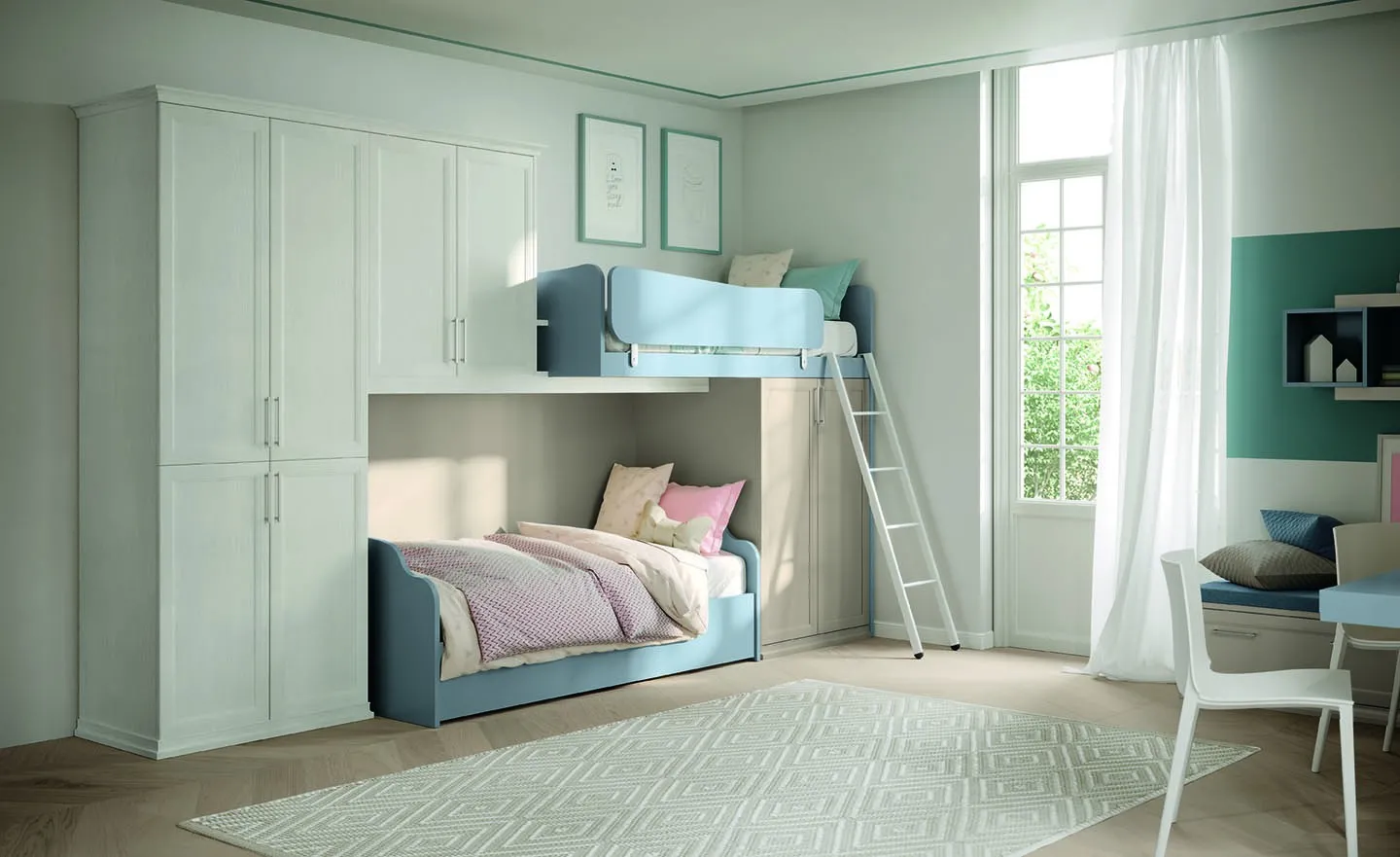 Letto a soppalco classico Icaro Colombini con sponda azzurra e letto rosa sotto