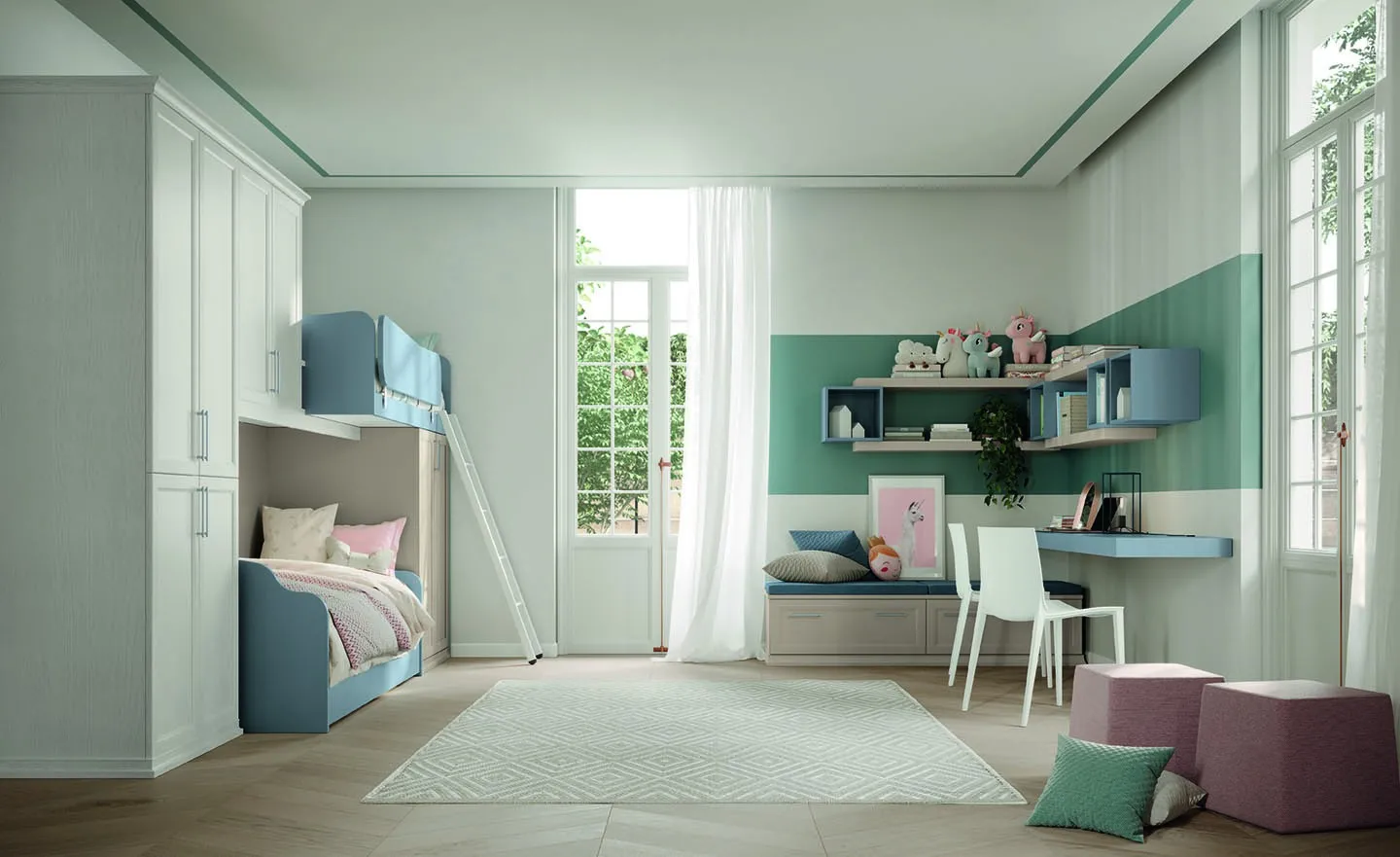 Cameretta Arcadia AC024 Colombini con soppalco Icaro azzurro vicino alla finestra