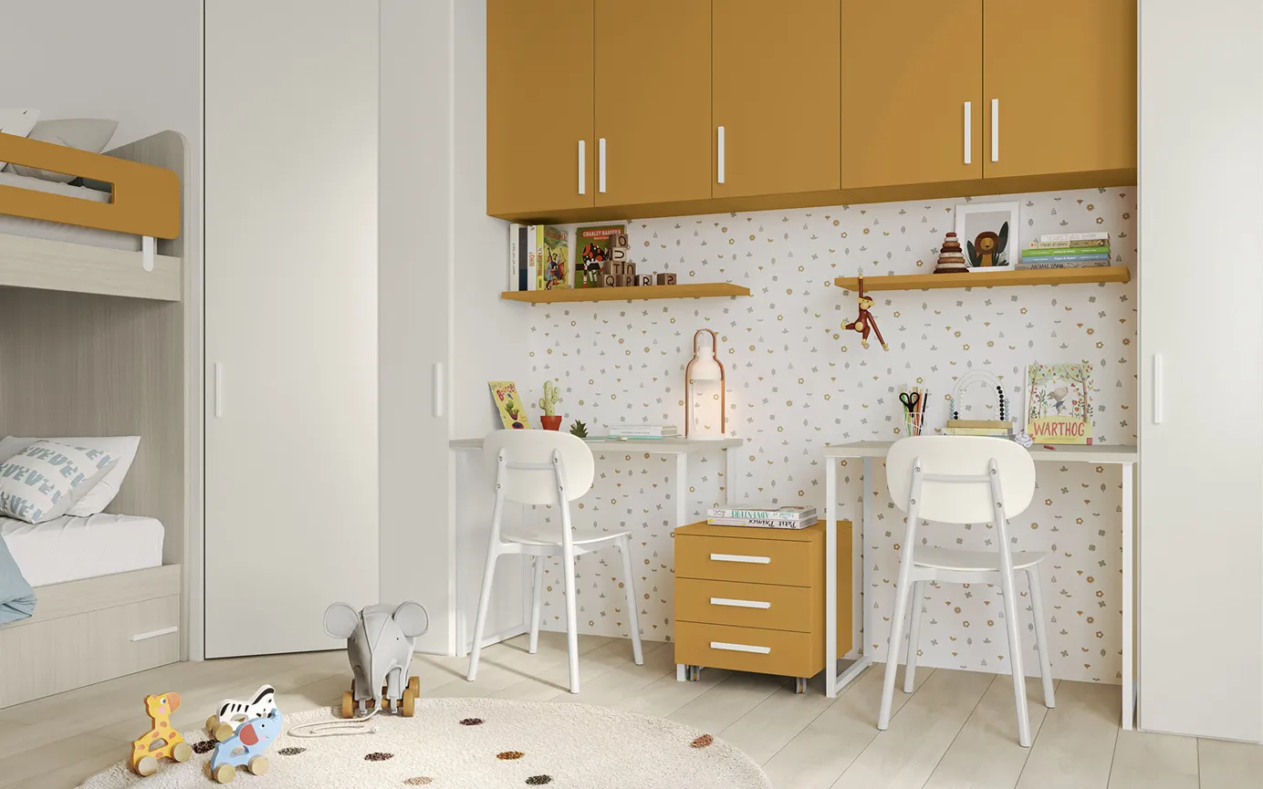 Cameretta Volo C031 Colombini con armadio ad angolo cabina Effe e pensili senape