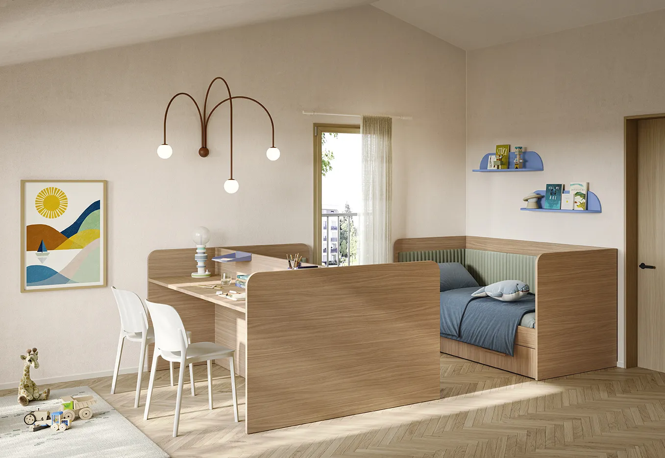 Scrivania Baia Colombini agganciata a un letto in legno, cameretta Golf K103