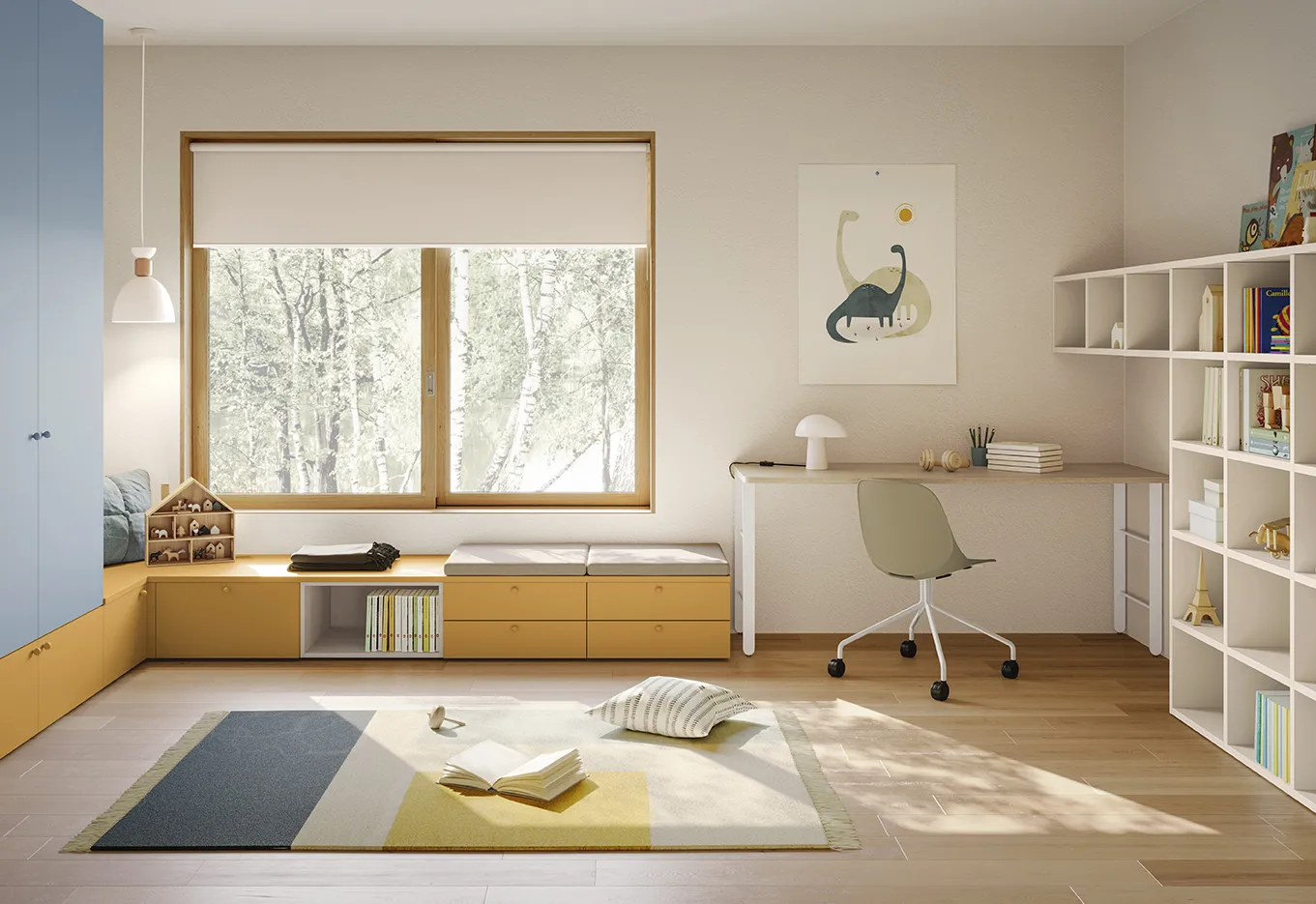 Scrivania SG101 Colombini in legno con gambe bianche sotto la finestra