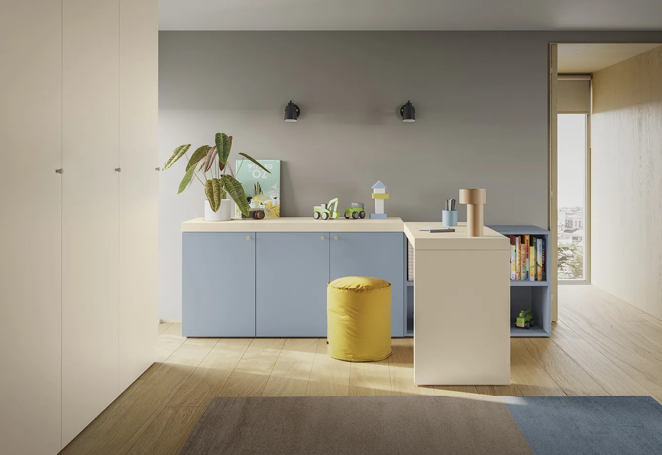 Scrivania Round Colombini bianca su basi azzurre con pouf giallo