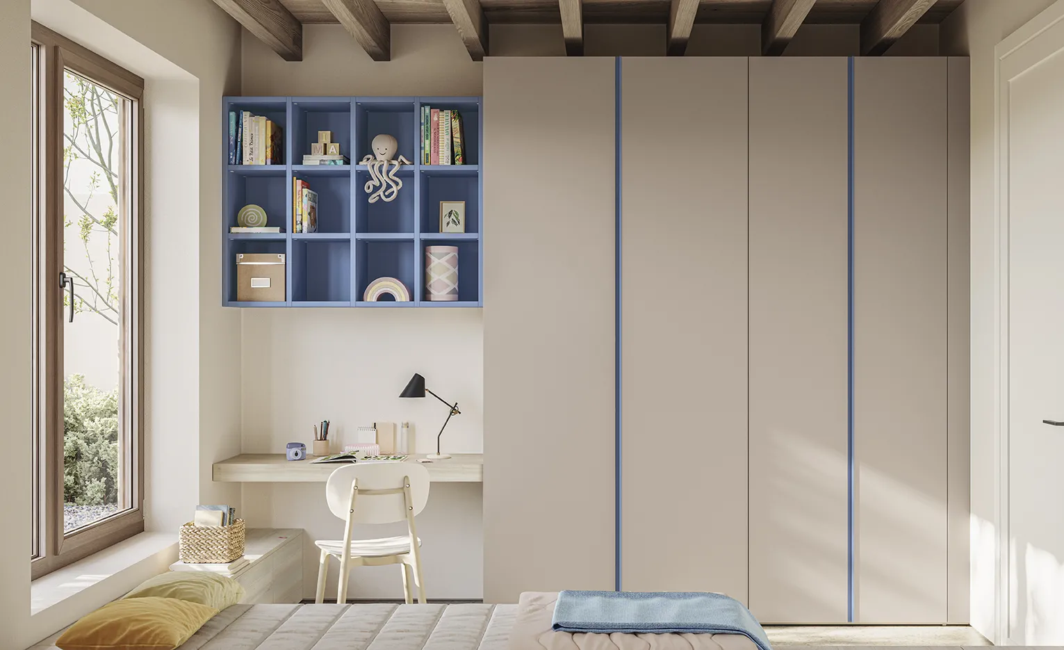 Scrivania Podio Colombini sotto libreria azzurra a giorno, cameretta Golf K106