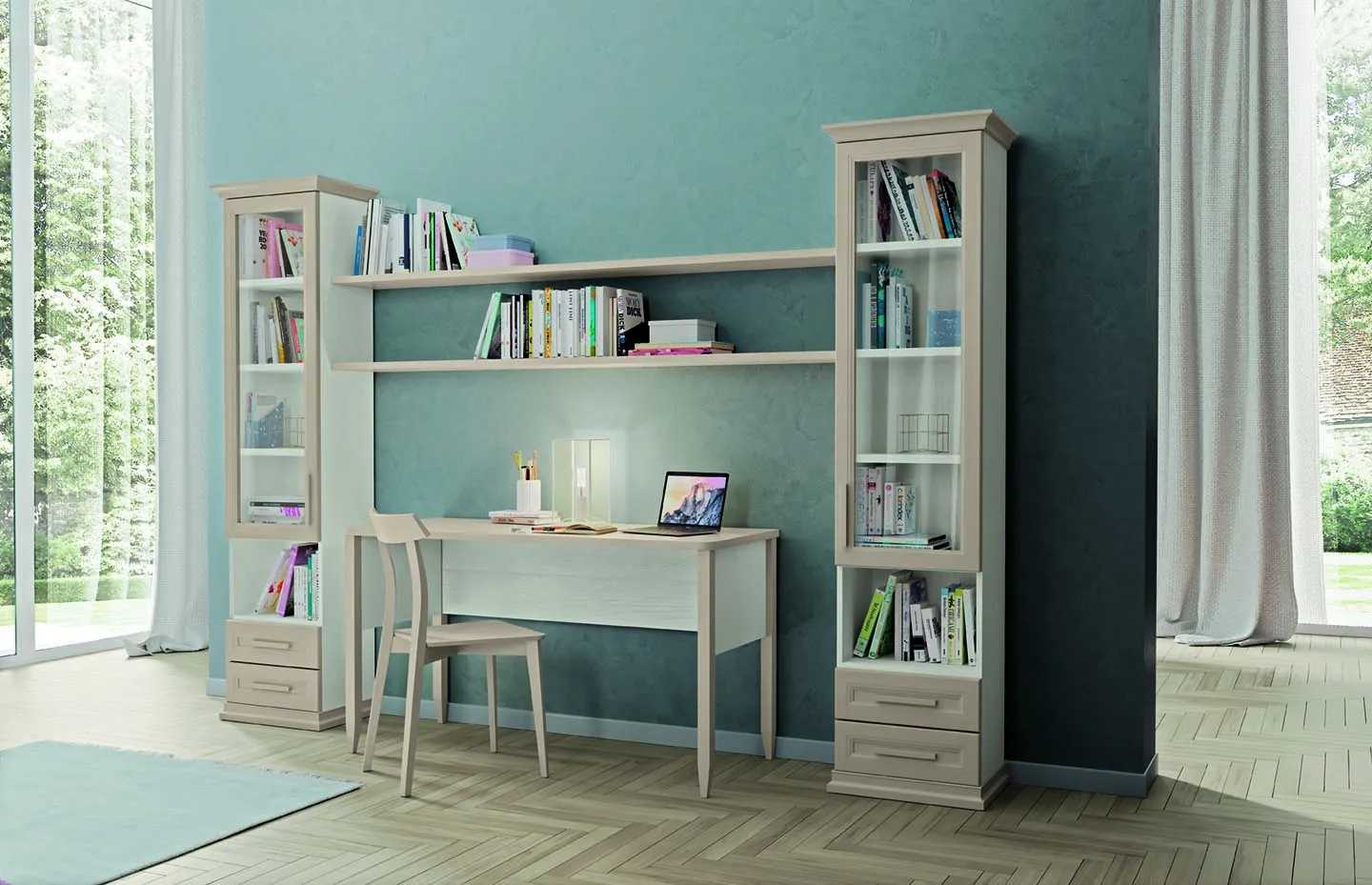 Scrivania Country Colombini in legno chiaro fra due librerie, Arcadia AC021