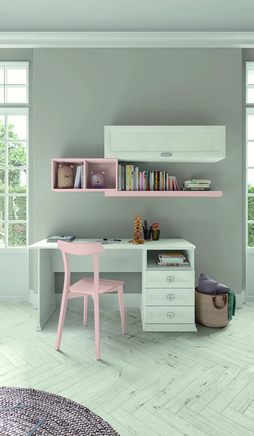 Scrivania Gabry Colombini bianca con sedia rosa e pensile verde, Arcadia AC011