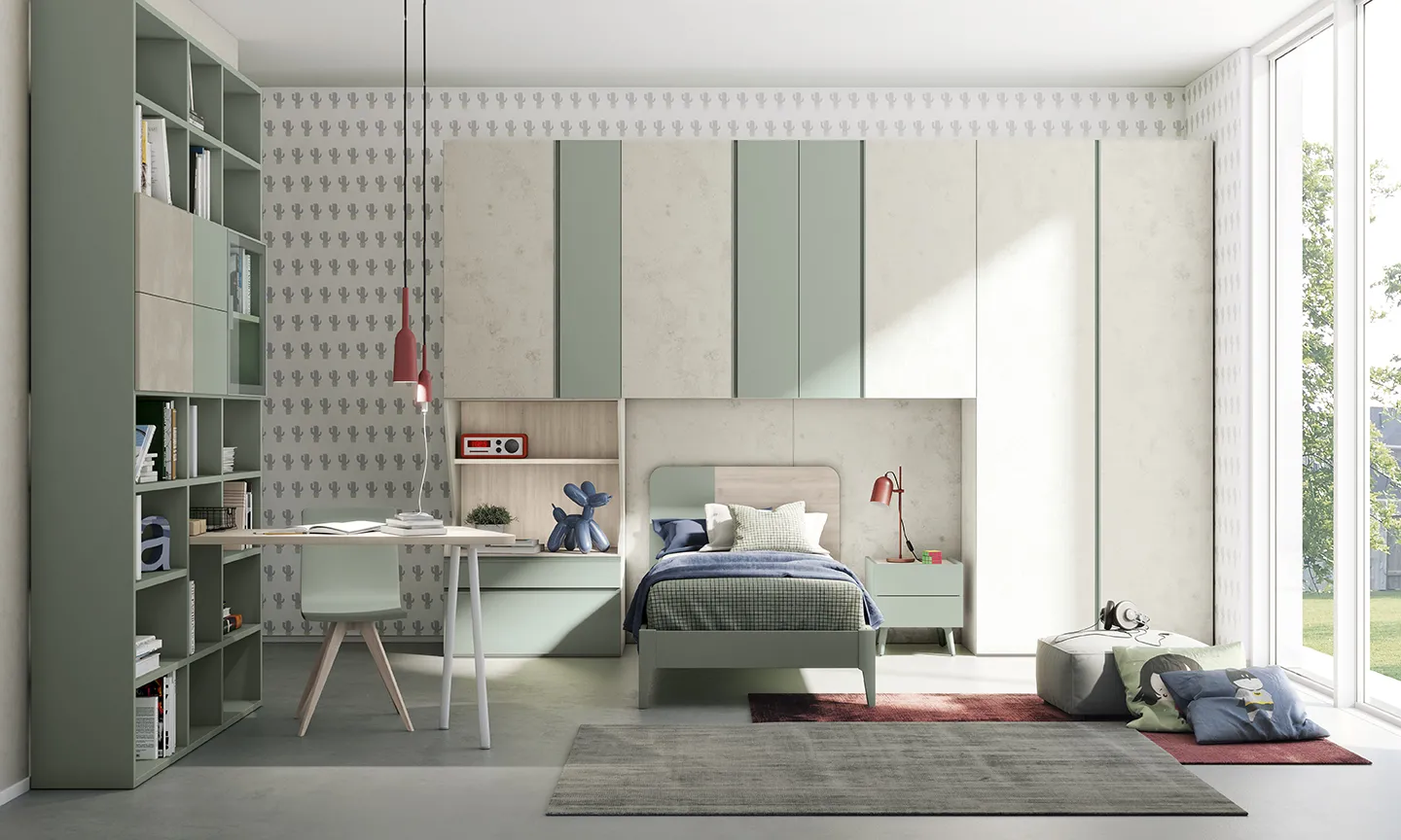Cameretta Golf K143 Colombini con scrivania Infinity fra libreria e armadi
