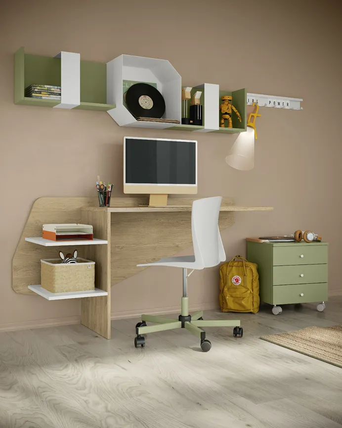 Scrivania Alpa Colombini in legno con ripiani bianchi e cassettiera verde
