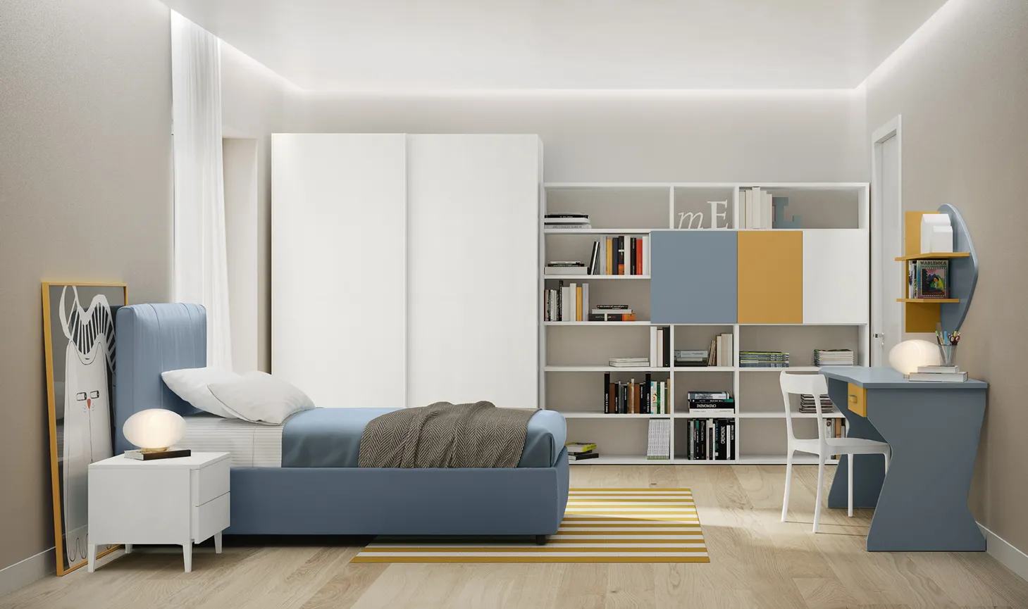 Cameretta Volo C023 Colombini con scrivania Switch e letto imbottito azzurro