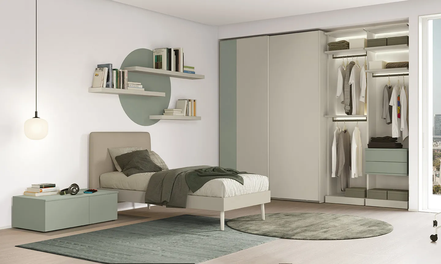 Mensole Colombini bianche su pannello tondo verde accanto al letto, Golf Young Y16