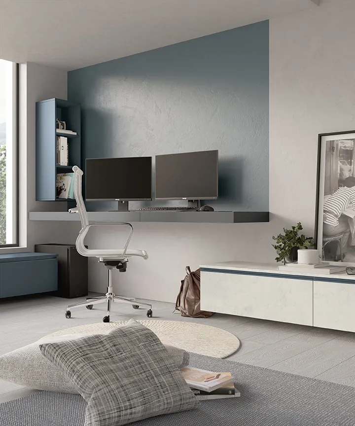 Cubolotti Colombini blu accanto a scrivania sospesa, cameretta Golf Young Y115