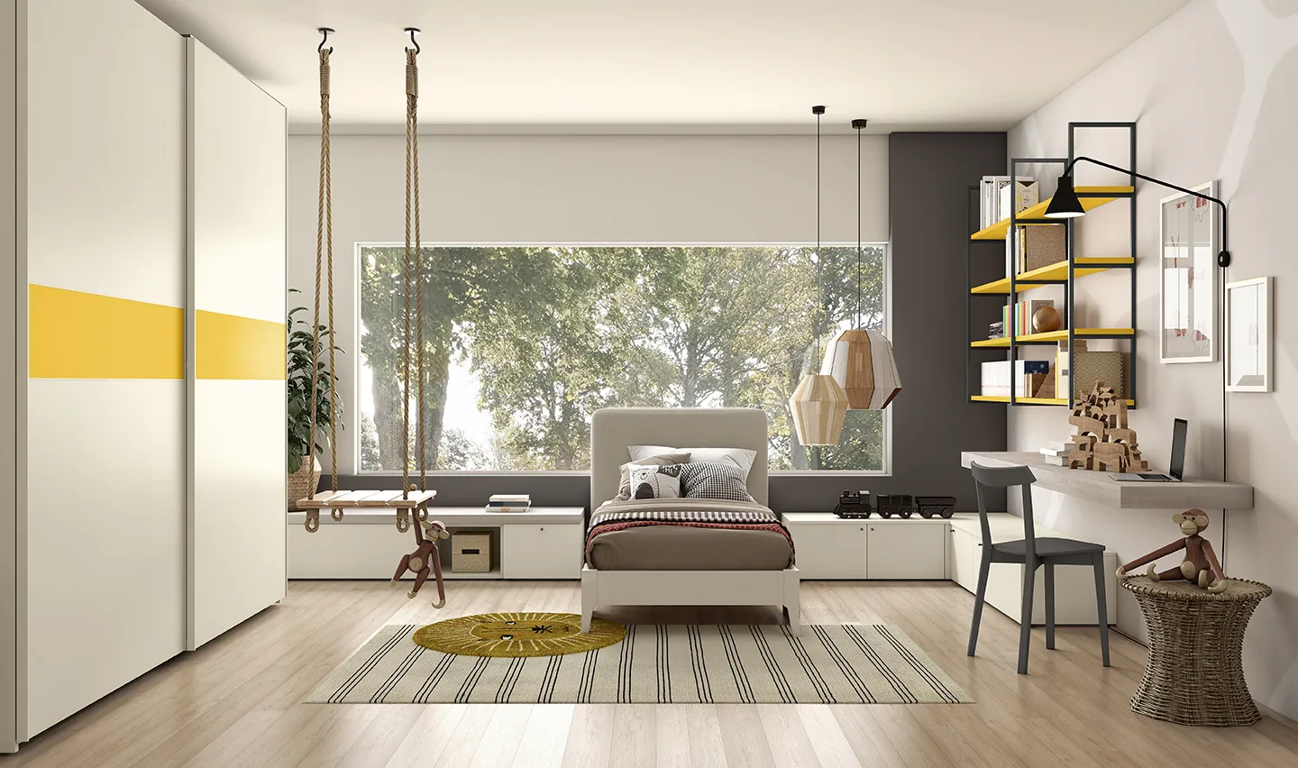 Componibili Colombini con libreria gialla intorno al letto, cameretta Golf K119