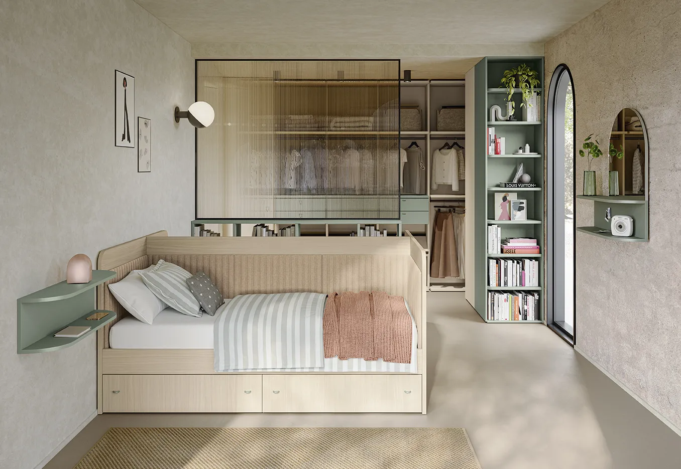 Pannello attrezzato Colombini verde accanto al letto, cameretta Golf Young Y129