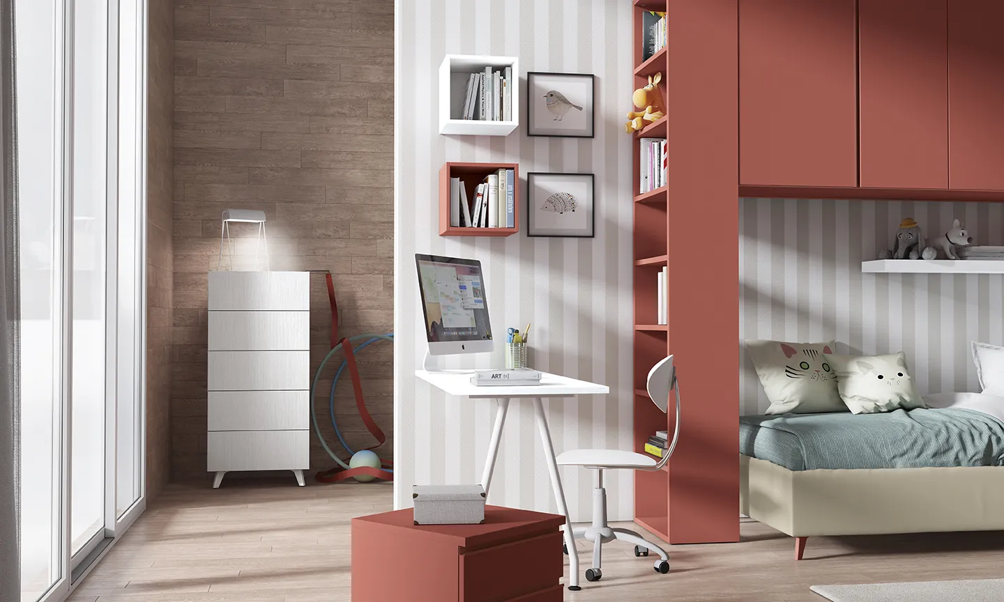 Libreria terminale Colombini rossa al lato di un ponte, cameretta Golf Kids K141