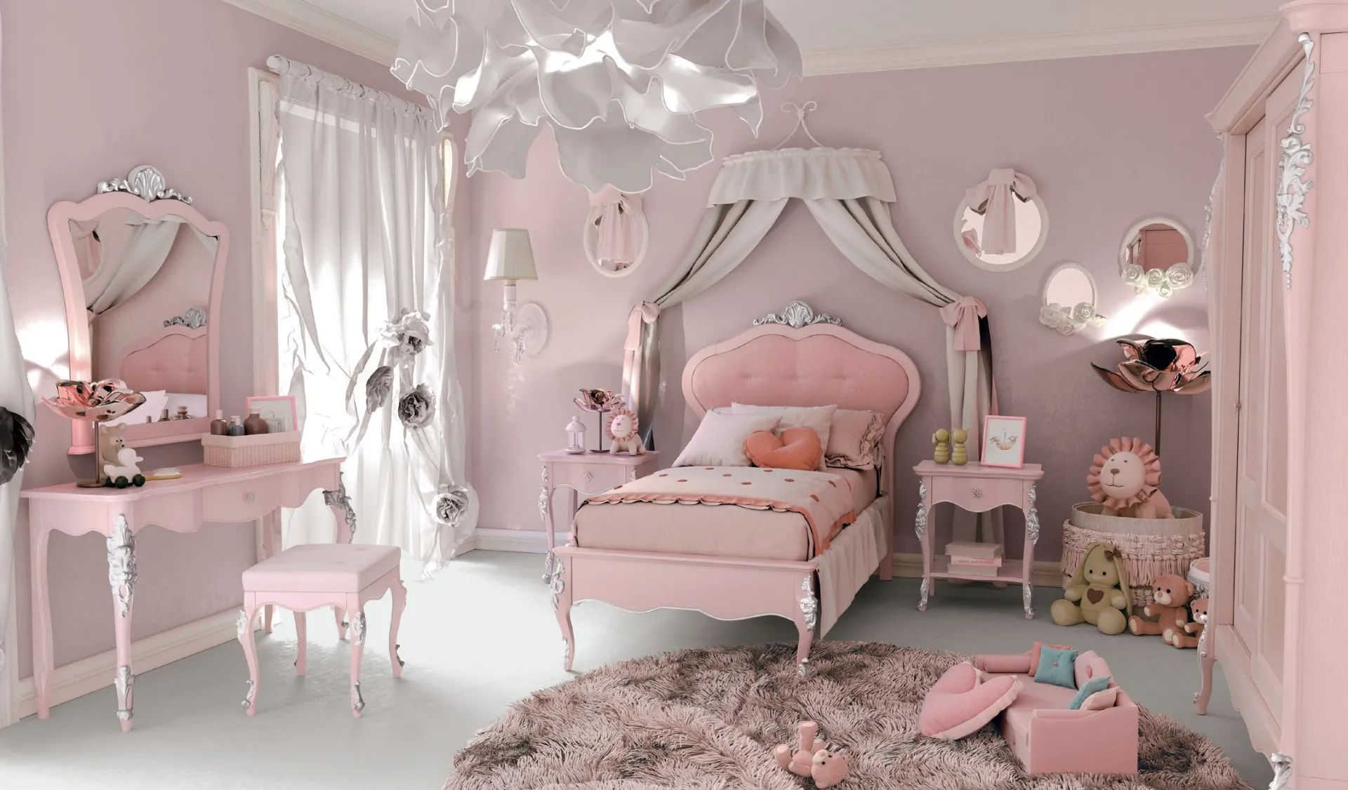 Cameretta Venere Imba rosa con letto singolo e consolle con specchiera