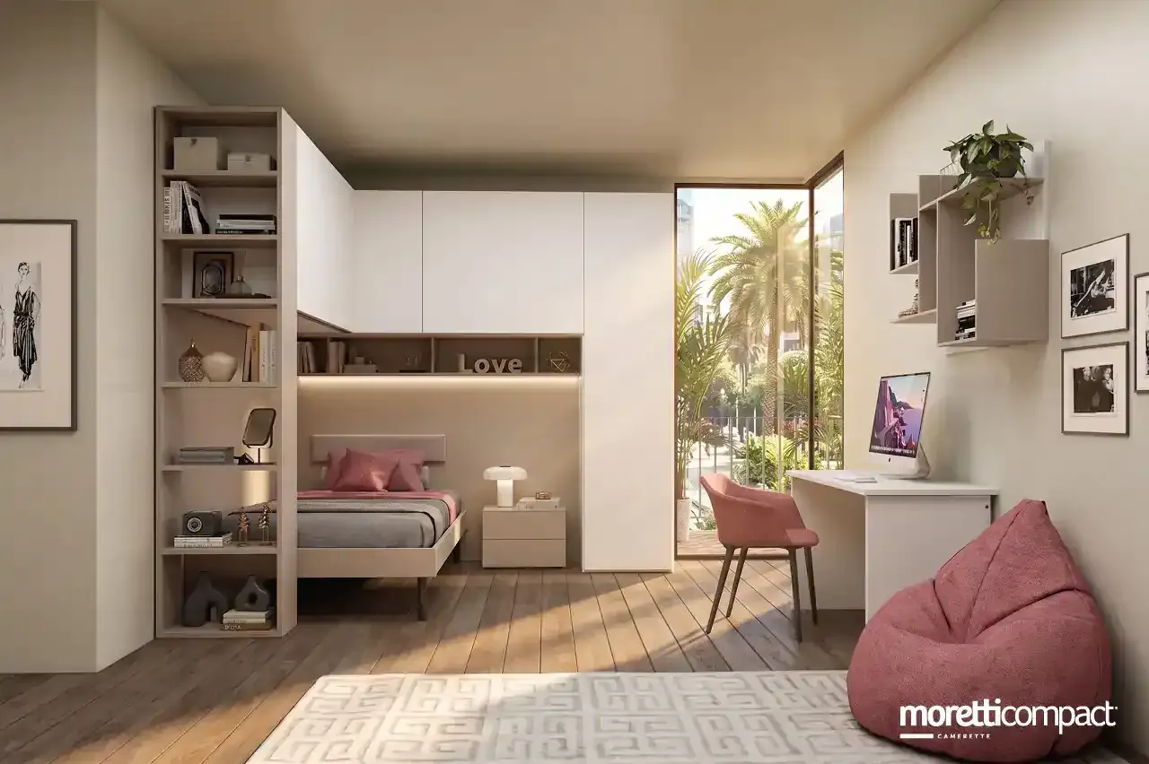 Cameretta Prime P101 Moretti Compact con ponte angolare, letto sotto e scrivania bianca