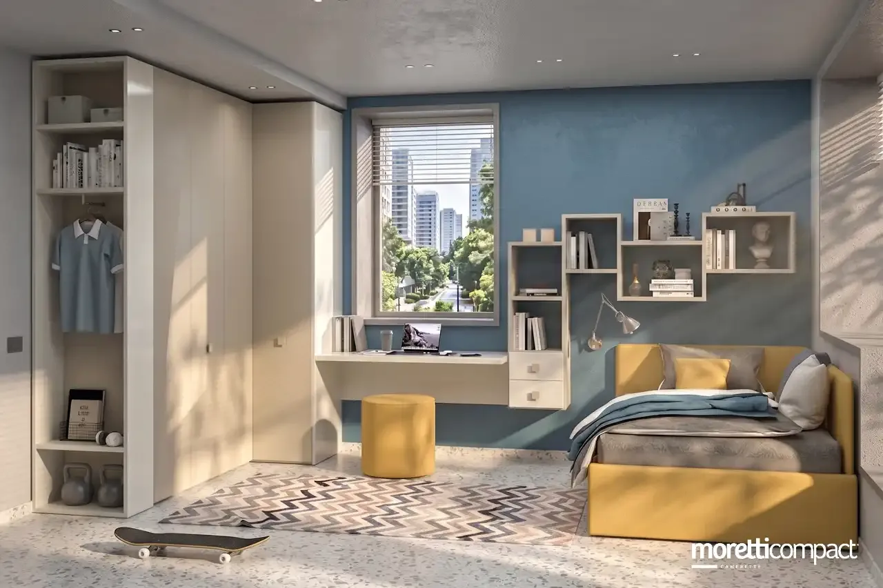 Cameretta Prime P102 Moretti Compact con armadio angolare tortora, scrivania sospesa e divano letto