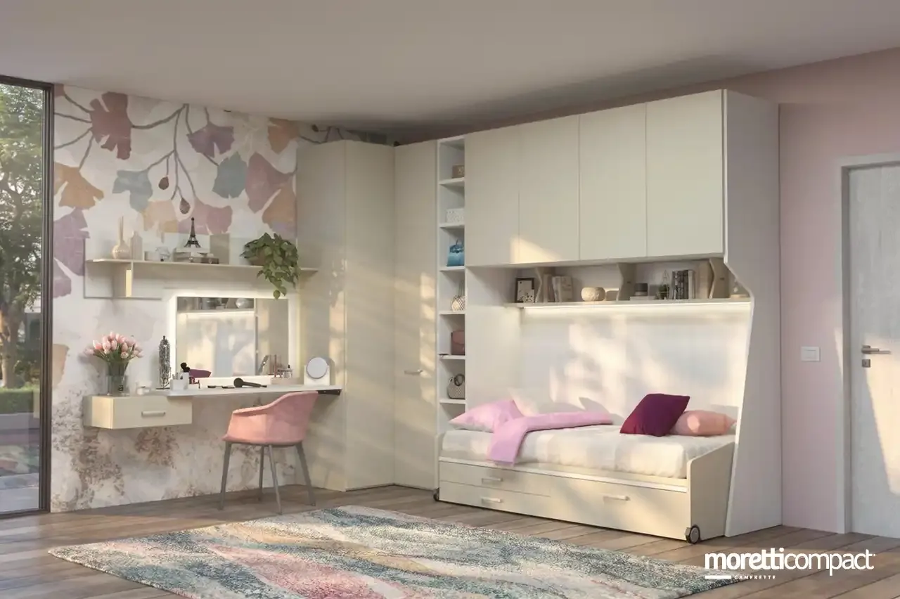 Cameretta Prime P105 Moretti Compact con armadio angolare a ponte e letto Space Idea sotto
